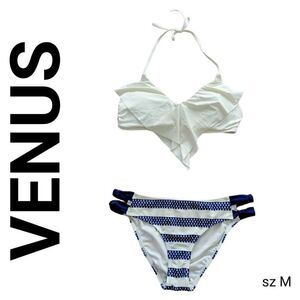 Venus Blue & White Sailboat Stripes White Fringe Top Bikini Swimsuit